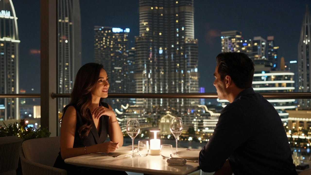 A couple shares a quiet, refined dinner on a Dubai rooftop, engaged in thoughtful conversation under city lights.