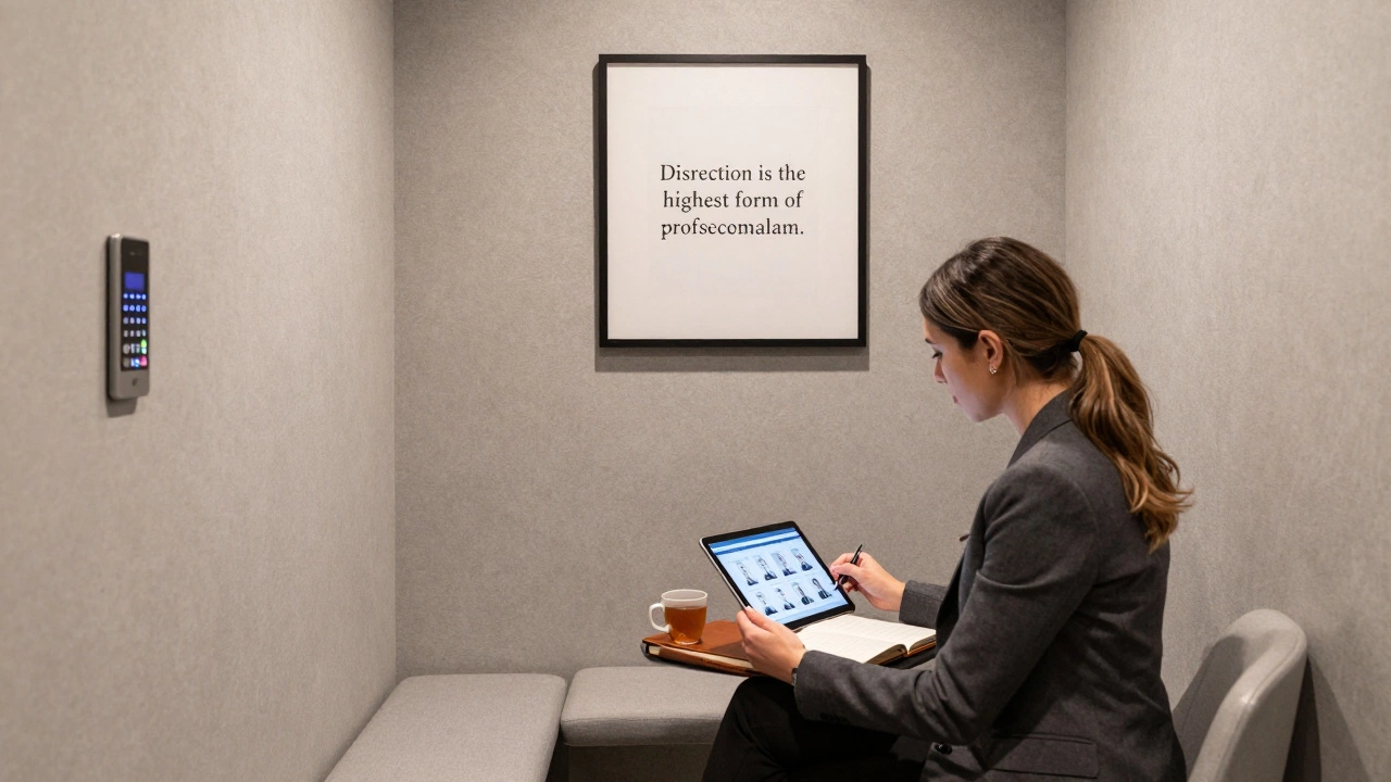 A professional woman reviews secure client profiles in a discreet, minimalist waiting room with controlled access.