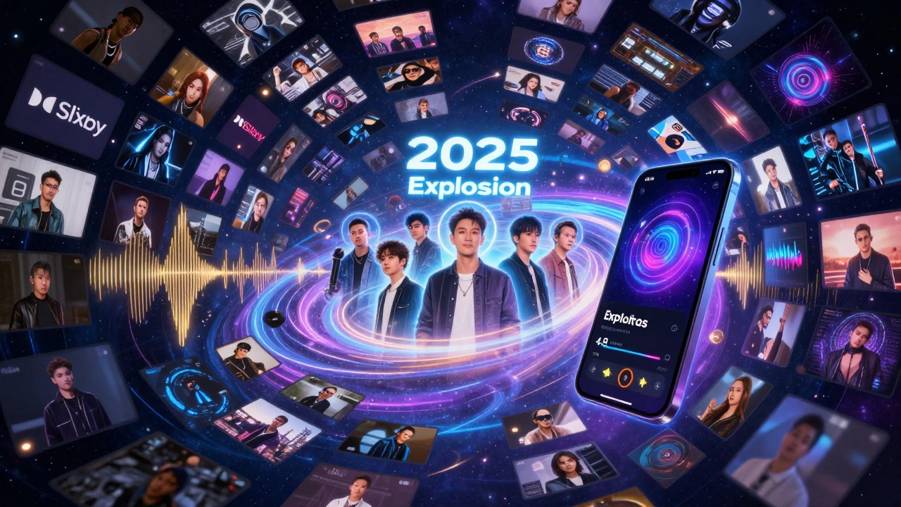 Explosion of 4K video thumbnails and sound waves representing Slixa&#039;s record-breaking content growth in 2025.